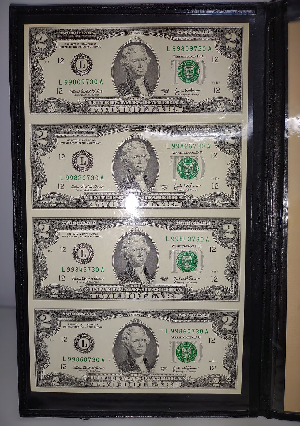 Thumbnail: The Wisdom Of Thomas Jefferson, 1 Sheet Uncut $2 Bills 2003A (Maroon)