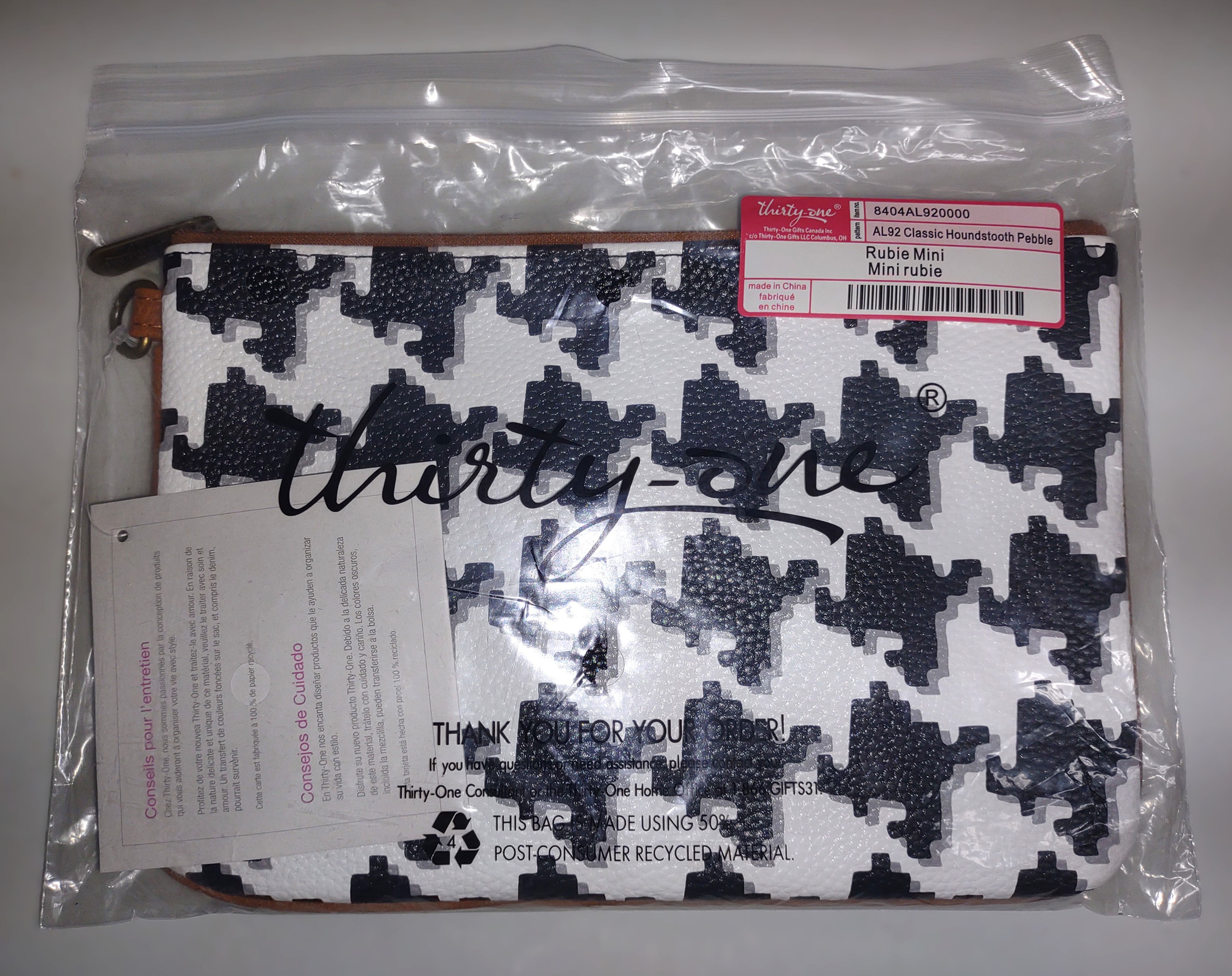 Thirty-One Rubie Mini (Zippered Pouch) Classic Houndstooth Pebble