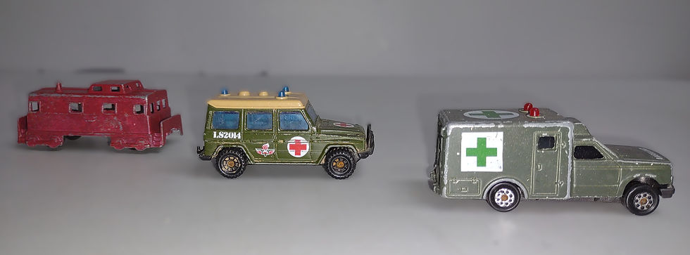 Thumbnail: Set of 3 Toys (1 Red Caboose, 2 Green Medical Trucks)