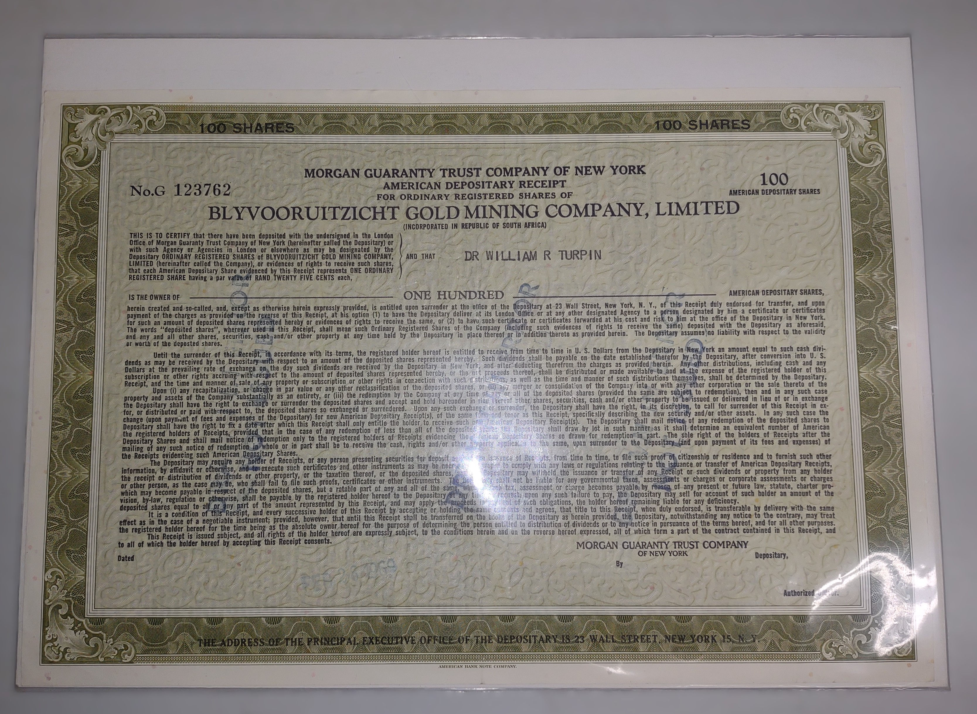 Stock Certificate Blyvooruitzicht Gold Mining Co., LTD Dr. Turpin