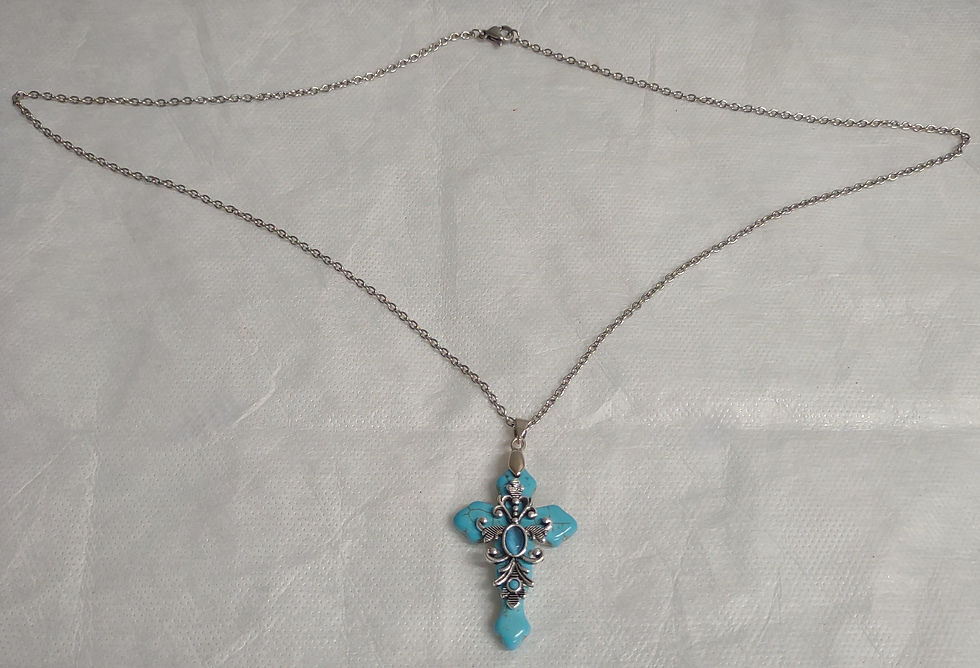 12" Silver & Turquoise-Like Cross Pendant Necklace