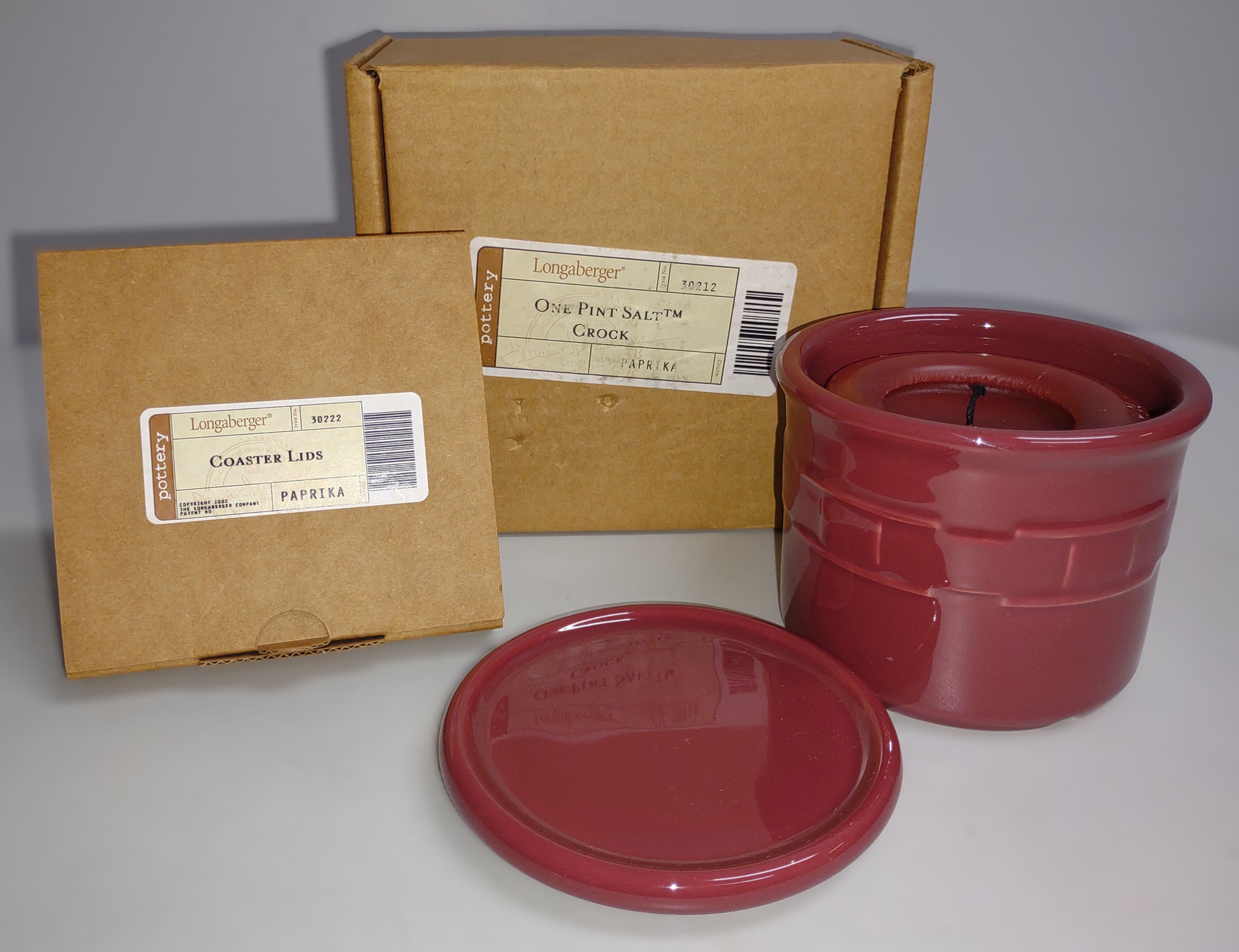 Longaberger "Paprika "One Pint Crock with Coaster Lid & Candle (with box)