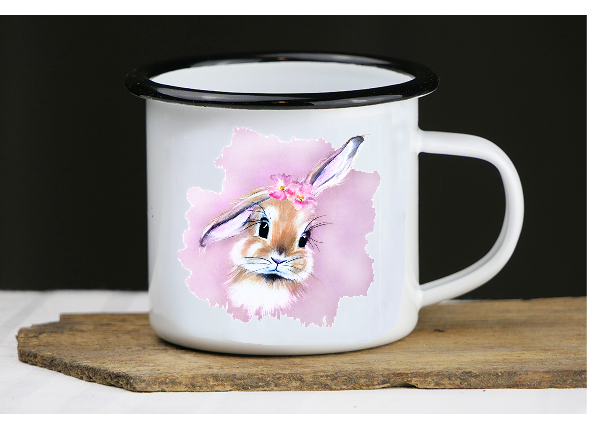 Emaille Kunsttasse "Hase Buntstift rosa mit Blumen"
