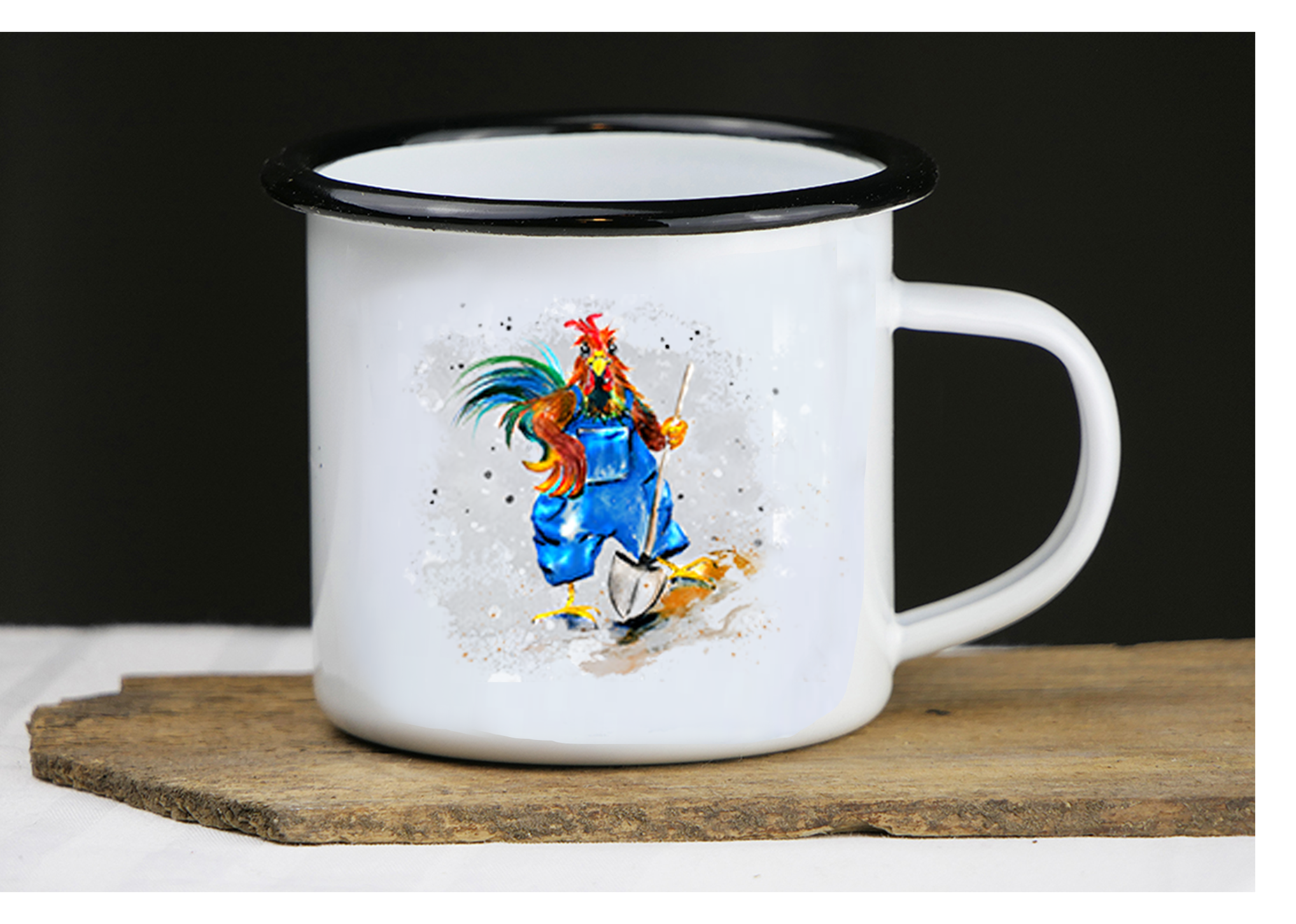 Emaille Kunsttasse "Hahn mit Schaufel"