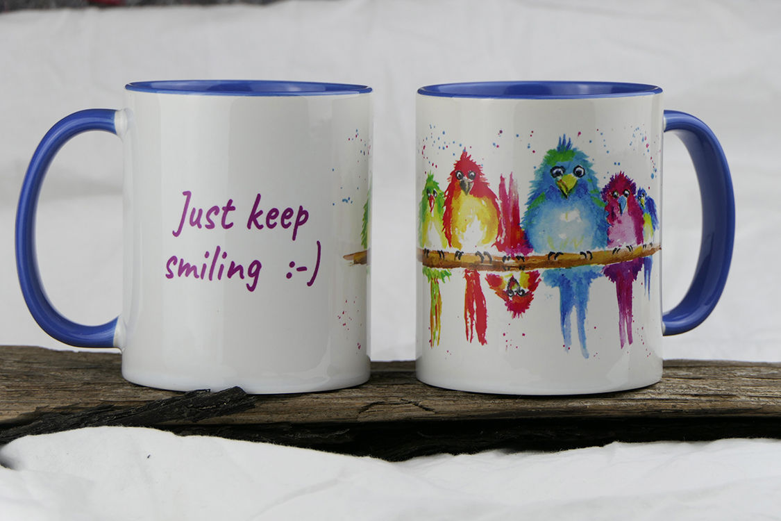 Keramik Kunsttasse "Bunte Vögel 1 - Just keep smiling"