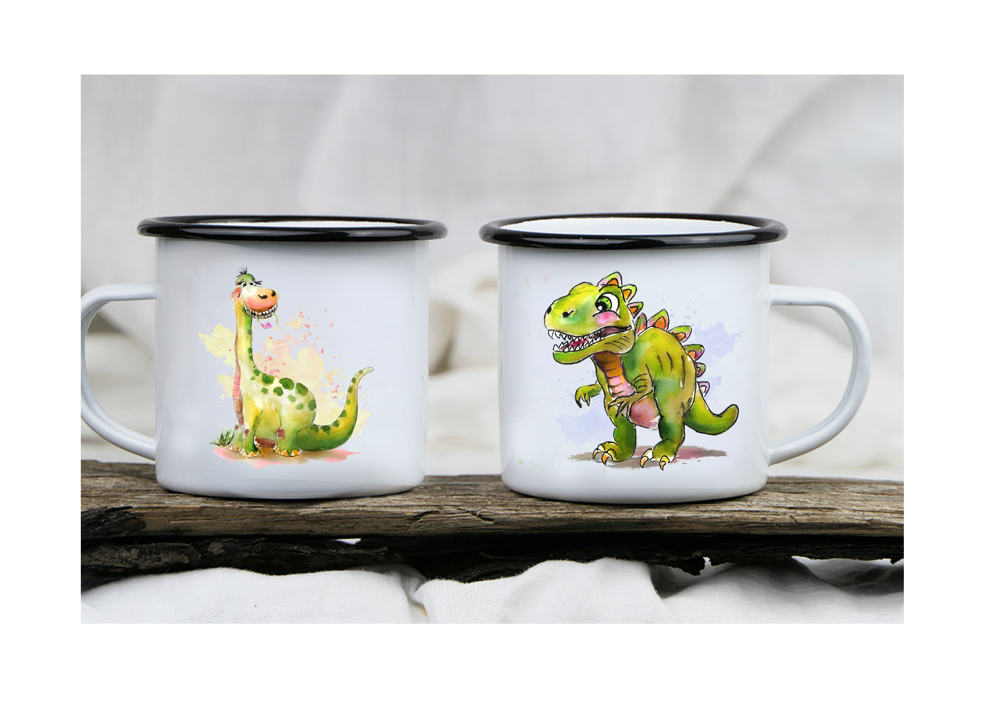 Emaille Kunsttasse "Zwei Dinosaurier"