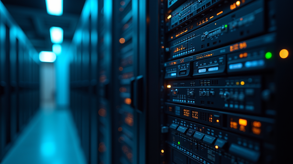 Close-up of a server rack with blinking lights in a data center