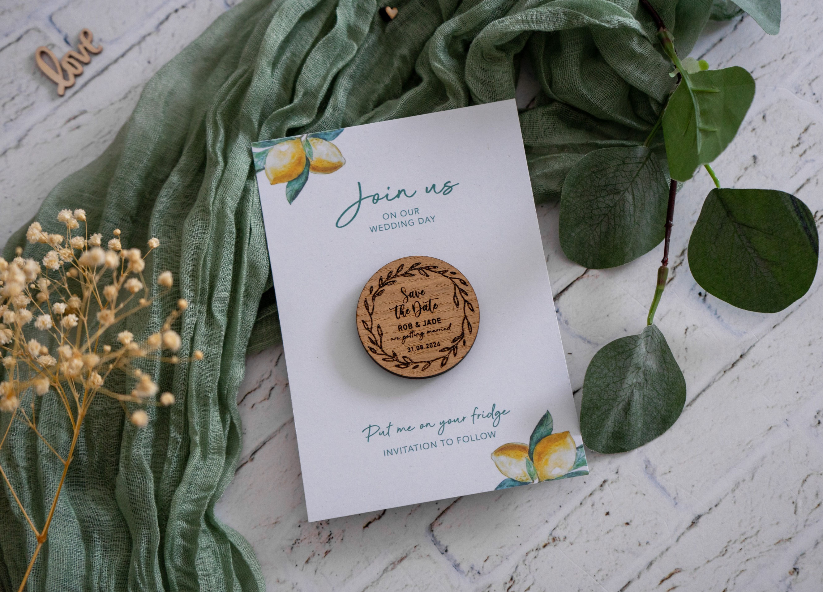 Lemon Wreath Wooden Fridge Magnet Save the Date