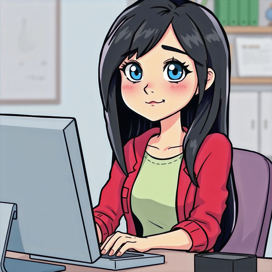 A cartoon image of a young woman with bl