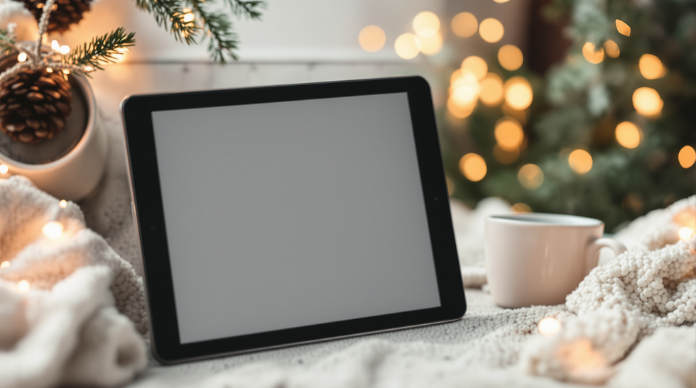 Tablet showing an editable holiday card template on a cozy seasonal desk