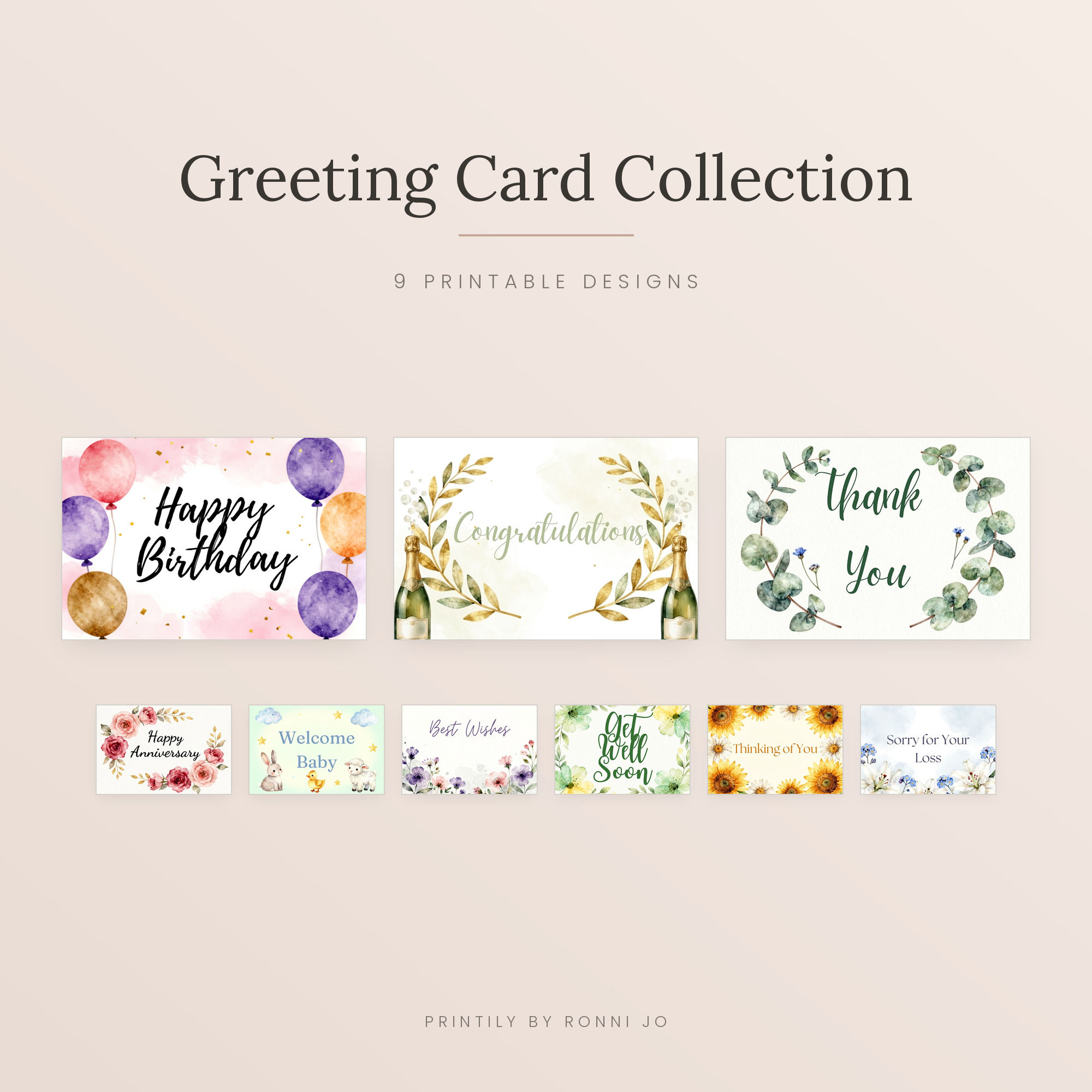 Watercolor Greeting Card Set of 9, Printable Cards for Every Occasion, 6x4