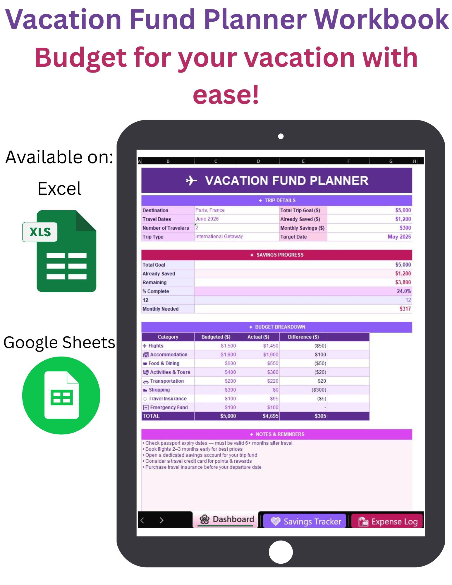 Vacation Fund Planner | Travel Budget Spreadsheet Excel & Google Sheets | Trip S