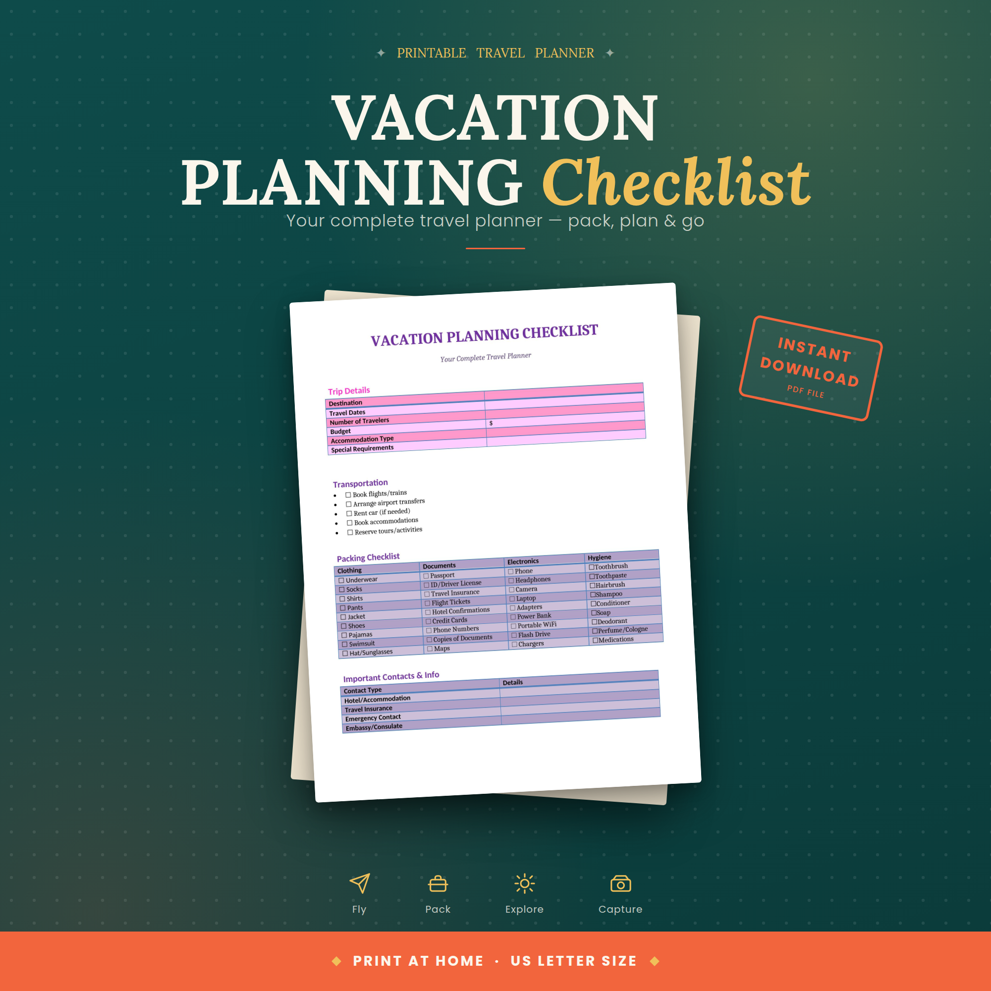 Vacation Planning Checklist Printable, Travel Planner PDF, Trip Itinerary & Pack