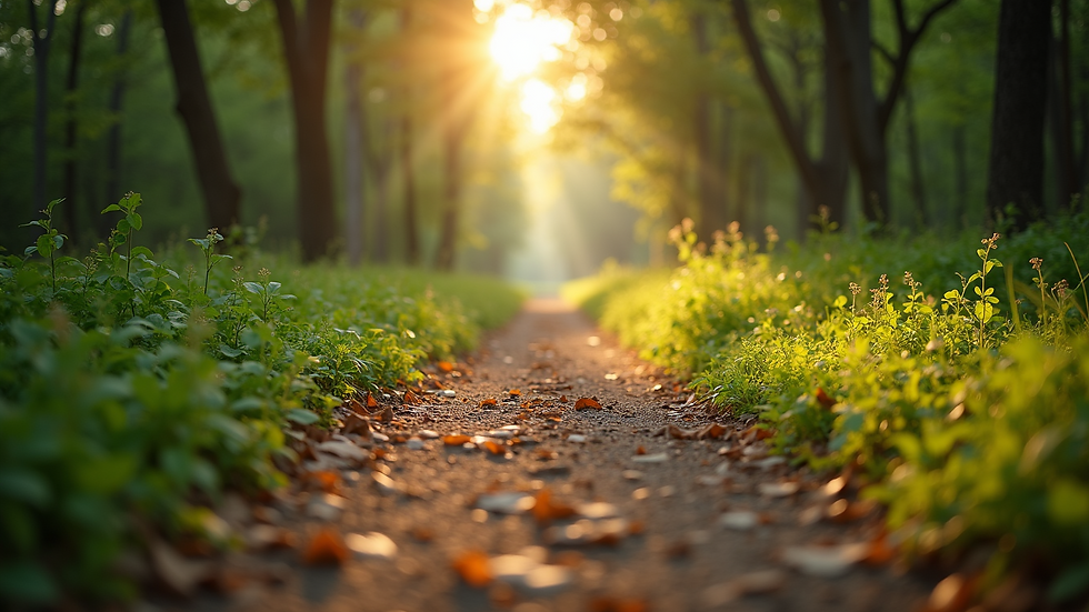 Eye-level view of a peaceful nature trail with sunlight filtering through trees