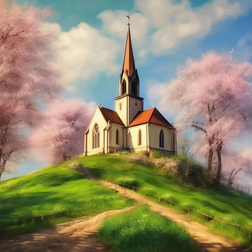 beautiful picture of a church springtime on a hill