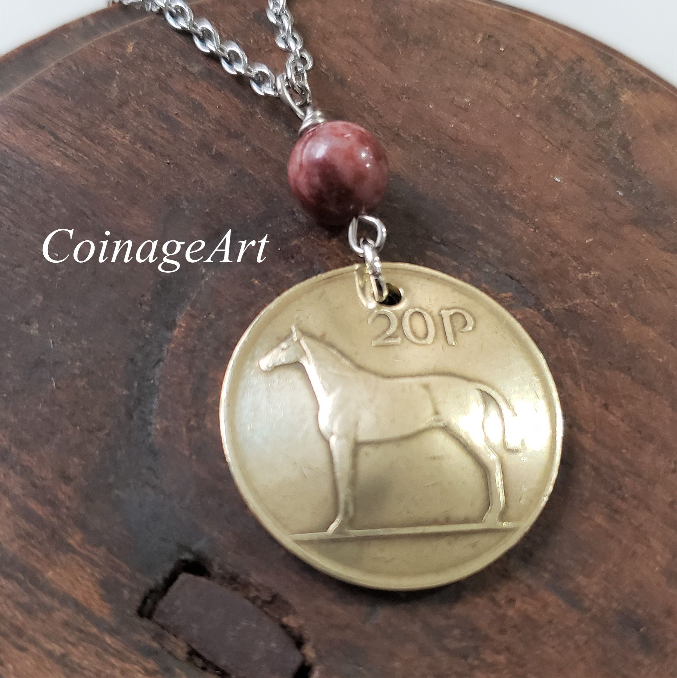 Irish Horse Coin Necklace w/Cork Red Stone 5046