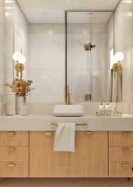 Banheiro de suíte grande e elegante, neutro com detalhes em madeira e dourado, projeto de interiores Ana Visentin