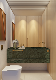 Lavabo elegante em casa térrea, pedra verde, madeira e iluminação moderna, projeto de interiores Ana Visentin