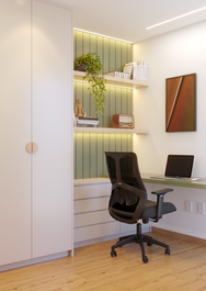 Home office moderno e clean em apartamento, tons neutros e verdes, projeto de interiores Ana Visentin