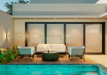 Área externa de casa térrea com piscina e pedra, moderna e aconchegante, projeto de arquitetura Ana Visentin