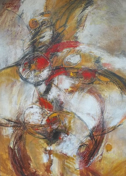 Vertical abstract painting by Lynne Looney with sweeping black lines, layered white and ochre forms, and bold red circular accents.