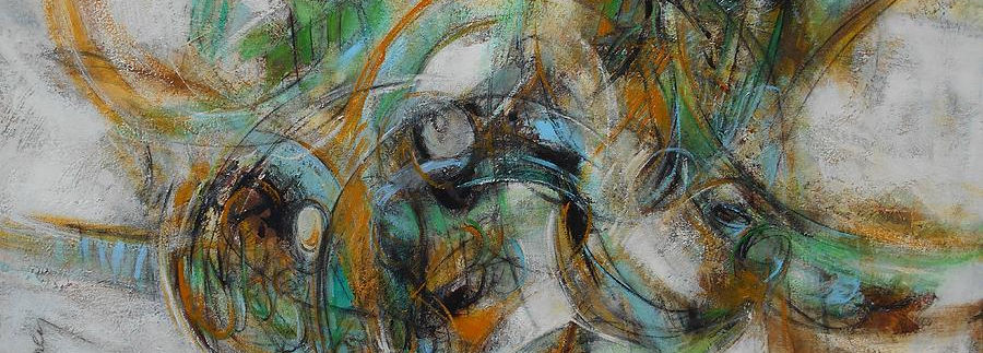 Energetic Frequency abstract painting by Lynne Looney with swirling turquoise, green, blue, ochre, and black forms.