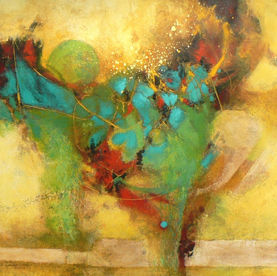 Colorful abstract painting by Lynne Looney with turquoise, green, red, and luminous gold forms.