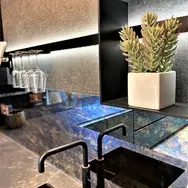 Contemporary kitchen island seating area with stools