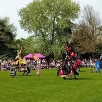 Two performers on horses in a grassy field with a large tree backdrop.