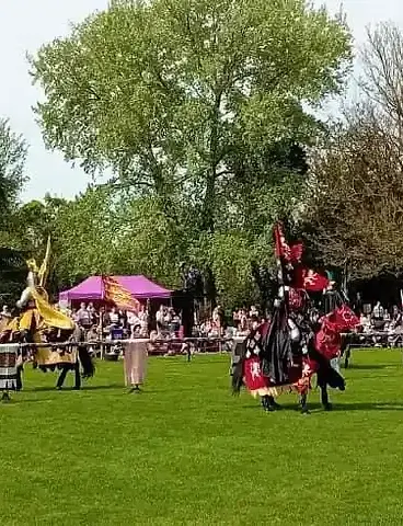 Medieval knights in elaborate costumes performing at an outdoor jousting event