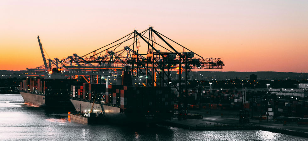 Port terminal at dusk with silhouetted shipping cranes and container ship
