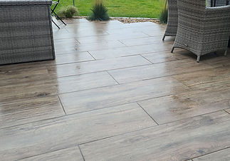 Wet patio with wood-look tiles