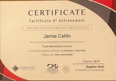 Certificate of Achievement awarded to Jamie Catlin for completing a Truck Maintenance Course
