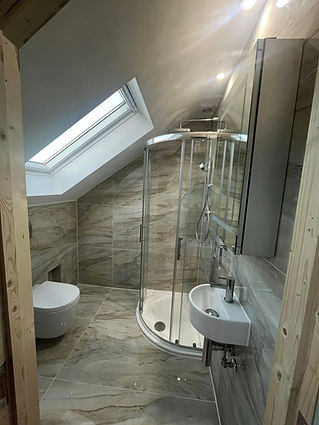 Compact luxury loft ensuite bathroom with marble tiles and curved glass shower enclosure