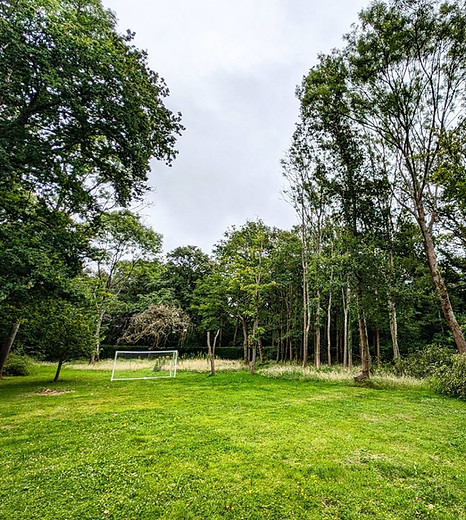 Football goal on a green lawn surrounded by lush woodland