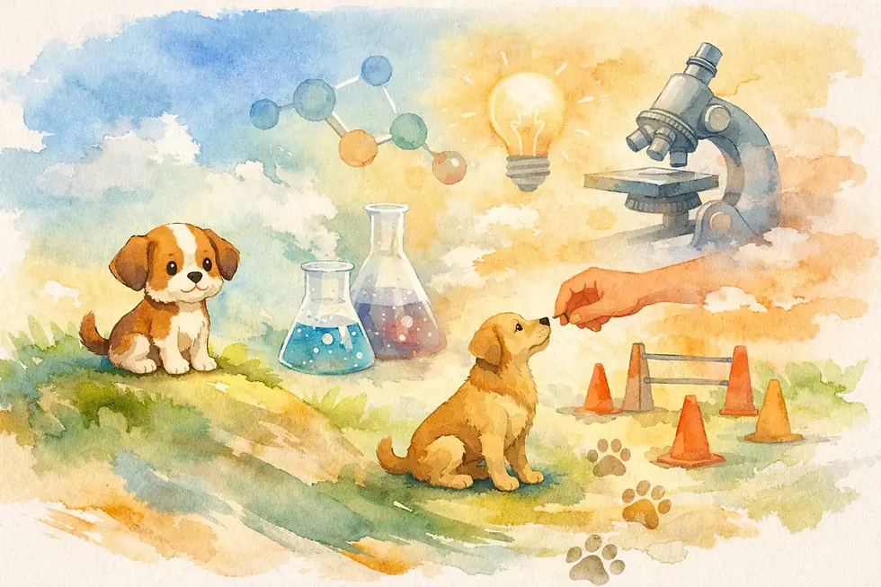 Watercolor scene of two puppies, beakers, microscope, and lightbulb as a hand feeds one puppy near training cones