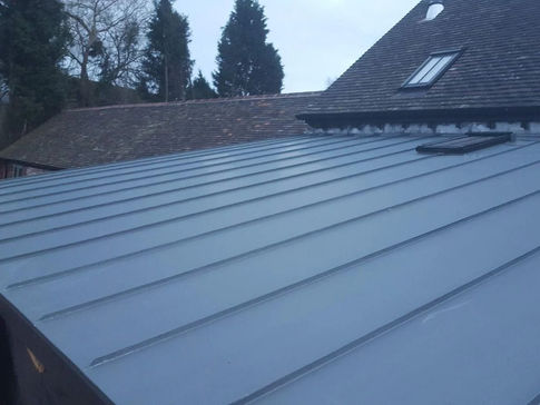 Modern grey standing seam metal roof extension with a skylight and tall trees in the background
