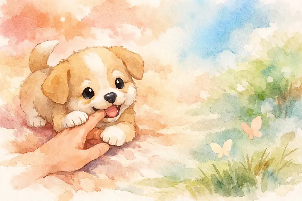 Watercolor puppy bites a finger, lying on pastel pink grass with butterflies and soft blue-green sky