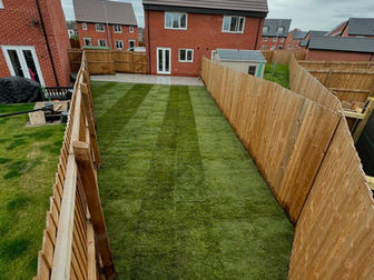 Freshly laid turf in a long garden strip bordered by timber fencing