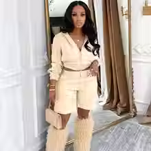 Thumbnail: Women’s Faux Leather 2-Piece Set – Cropped Zip Hoodie Jacket & Shorts Outfit