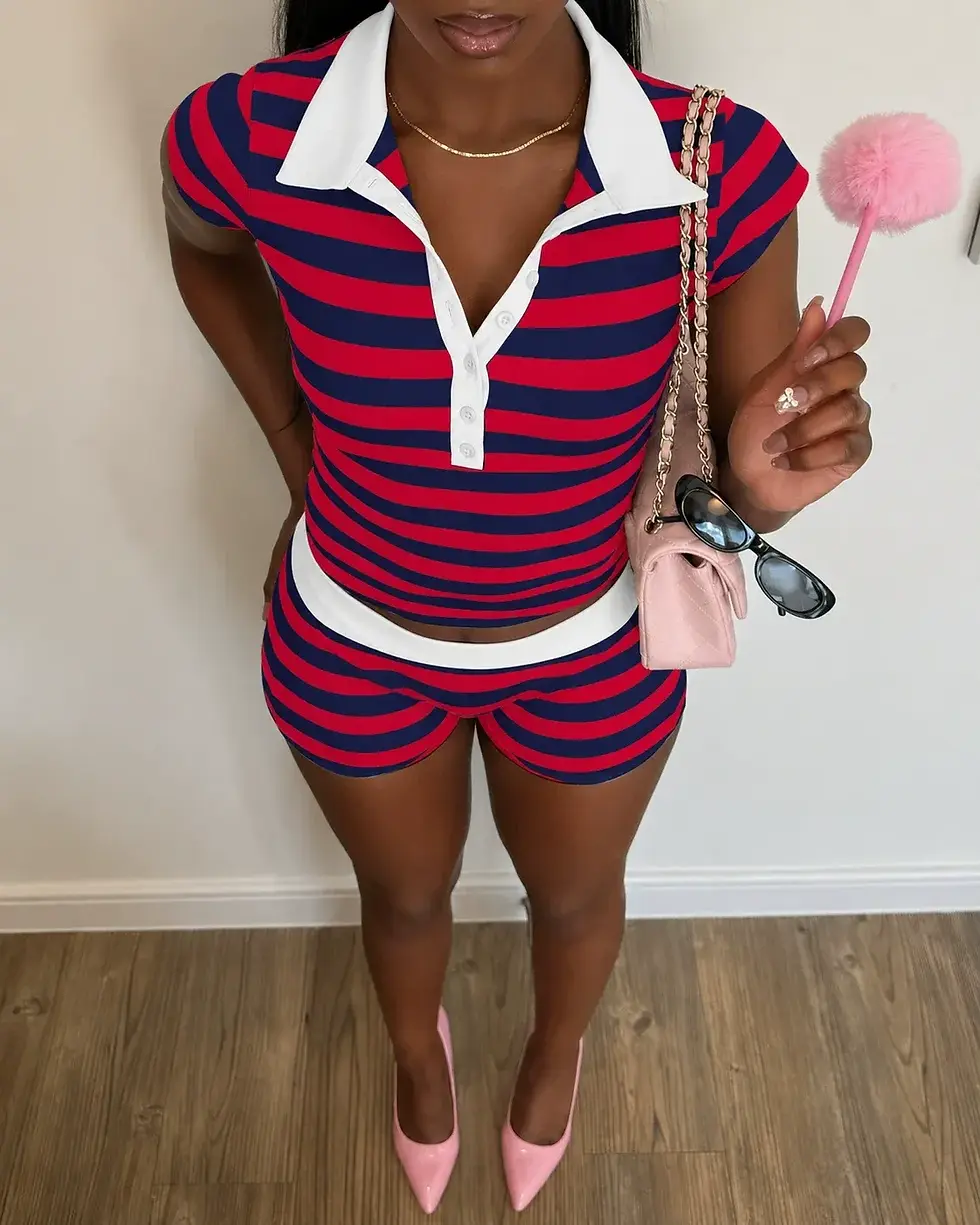 Thumbnail: SC Short Sleeve Stripe Contrast Color Short Suit QXLB-10200
