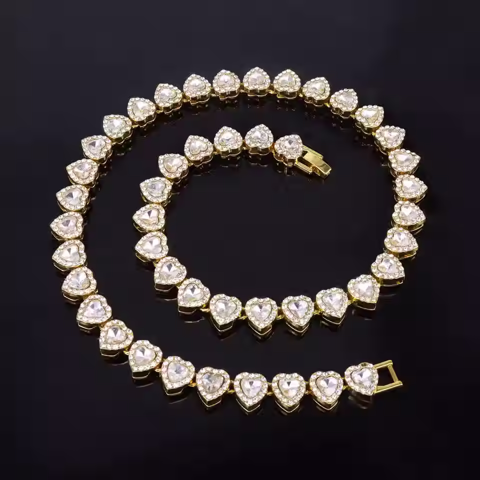 Hip Hop Tennis Chain Jewelry Set – Rhinestone Heart Necklace & Bracelet for Men