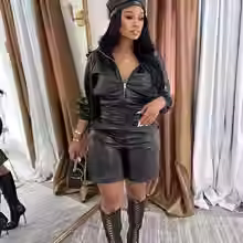 Thumbnail: Women’s Faux Leather 2-Piece Set – Cropped Zip Hoodie Jacket & Shorts Outfit