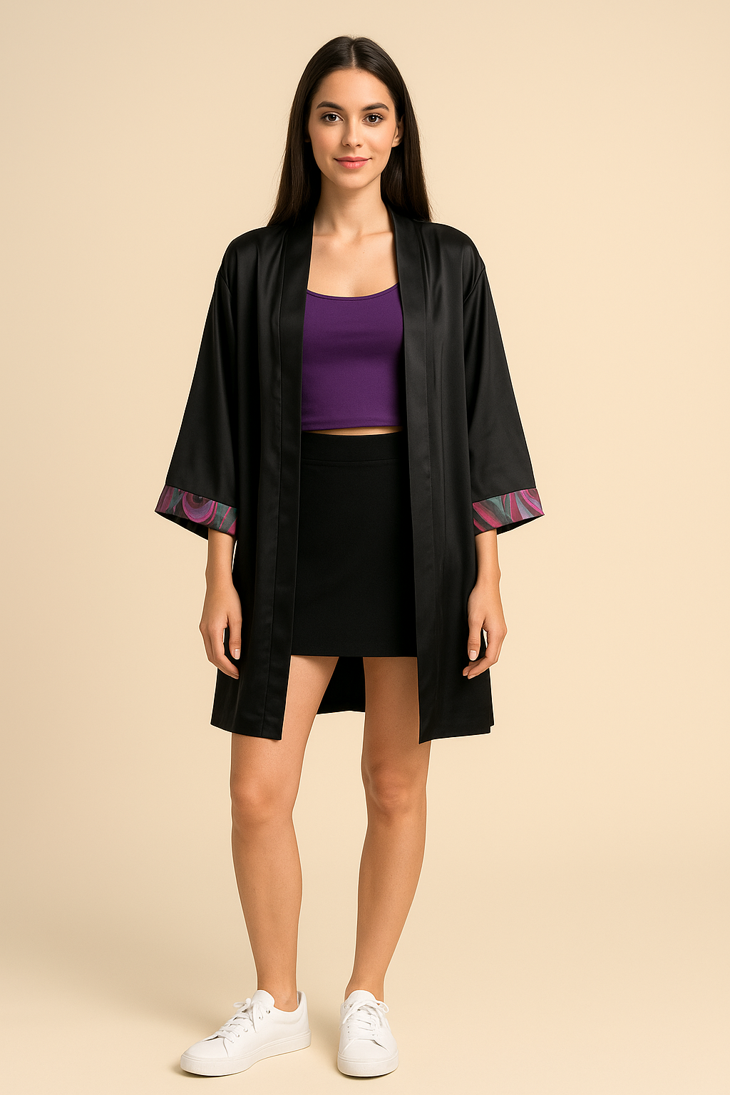 קימונו שחור סאטן עם צבעוניות יפנית
