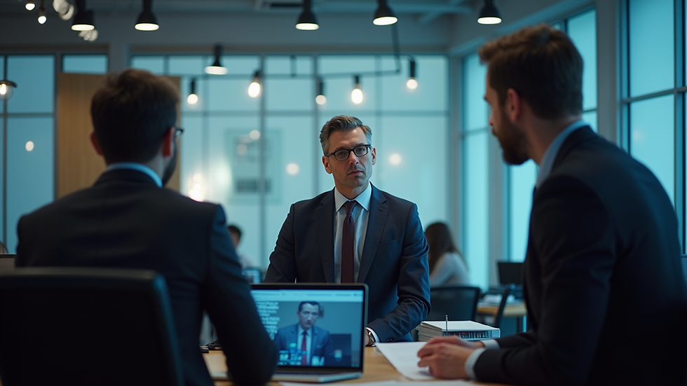 Eye-level view of a newsroom with journalists collaborating on a story