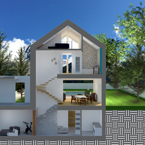 section view of house showing basement, living room, staircase, mezzanine, family room, garden, garage
