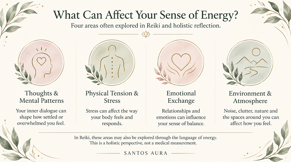 Four areas that can affect your sense of energy: thoughts, physical tension, emotions and environment - Santos Aura