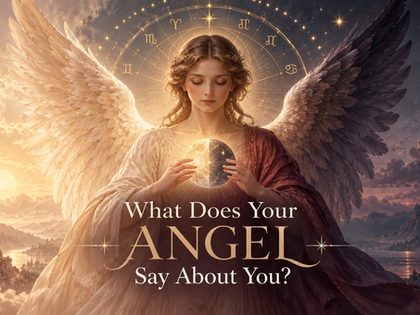 Celestial angel holding a glowing light-and-shadow orb beneath a zodiac-inspired halo, symbolising the qualities and shadow traits associated with the 72 guardian angels.