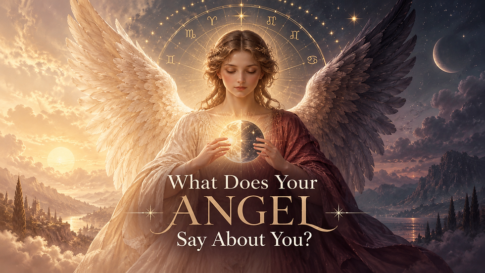 Celestial angel holding a glowing light-and-shadow orb beneath a zodiac-inspired halo, symbolising the qualities and shadow traits associated with the 72 guardian angels.