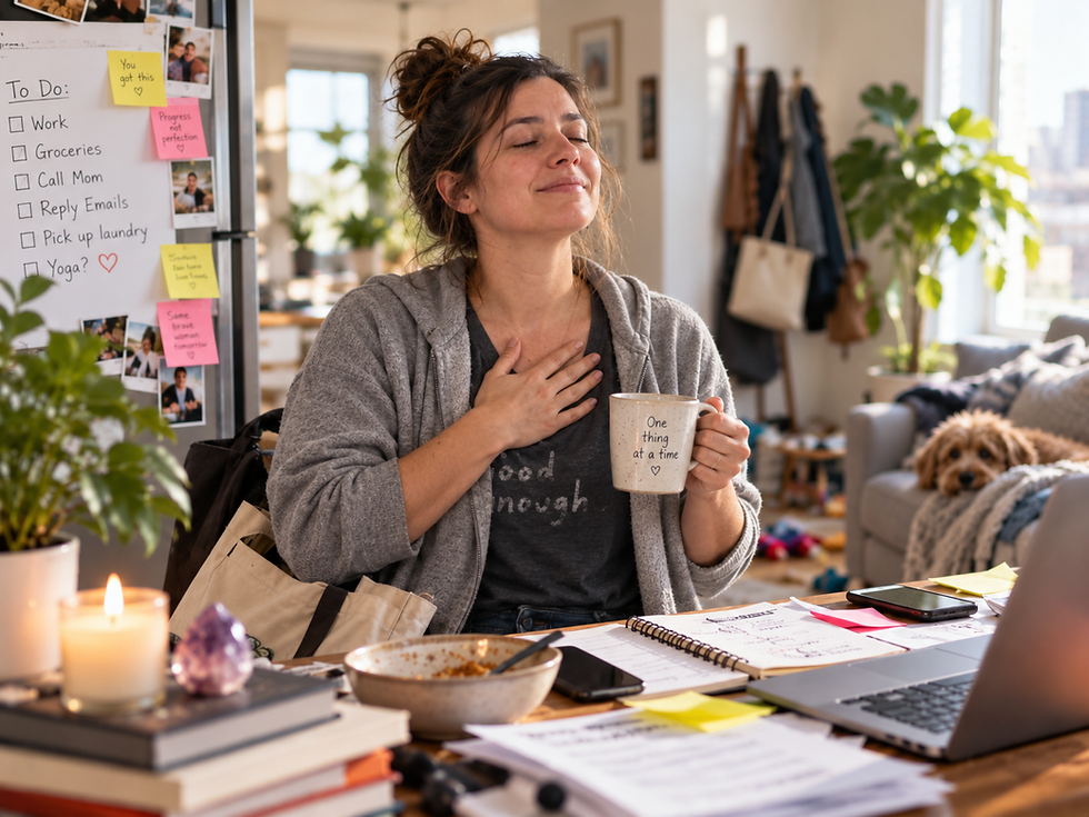 Real woman taking a quiet breath in a messy home, finding calm and spiritual connection during a chaotic day